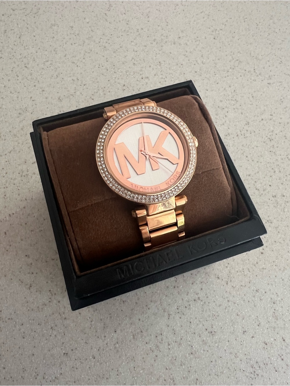 Michael Kors Rose Gold MK Logo Crystal Bezel Bracelet Watch